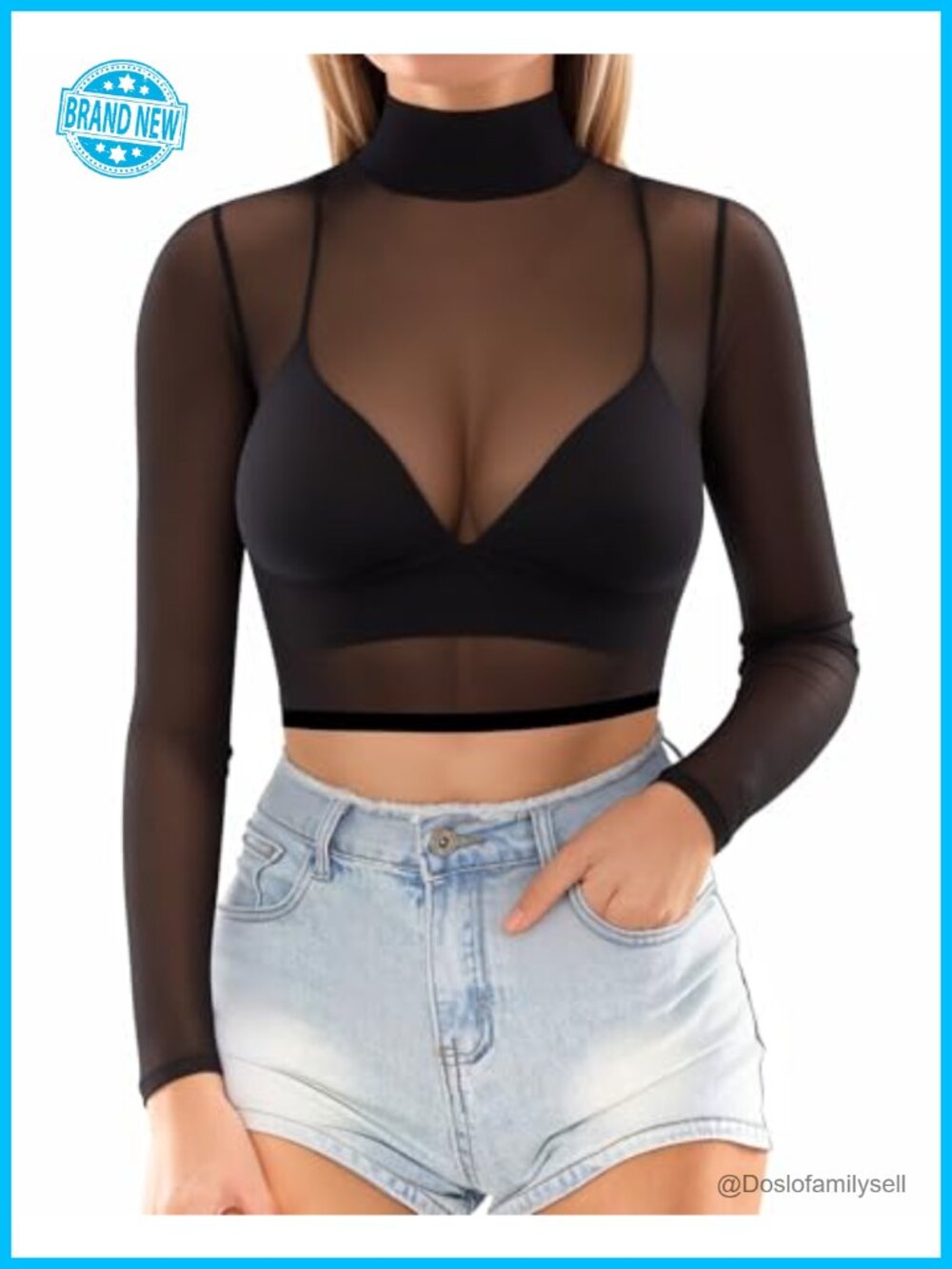 Sheer Mesh Crop Top High Neck Long Sleeve Blouse